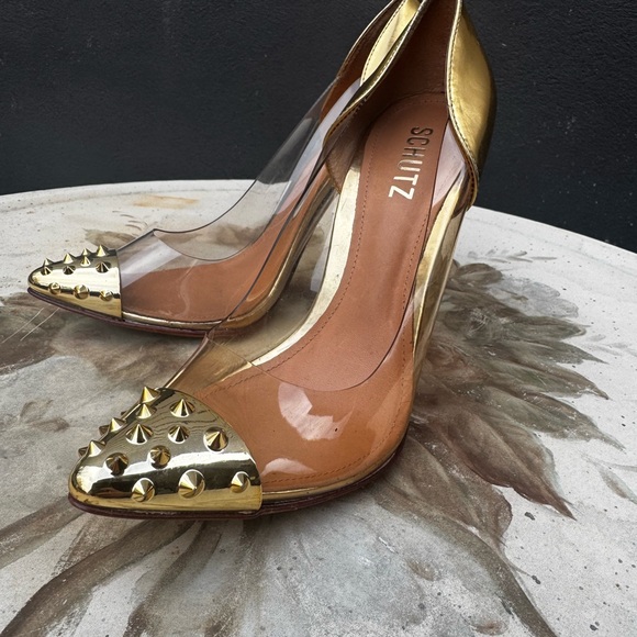 SCHUTZ Gold and Tan Studded Heels - Picture 3 of 4